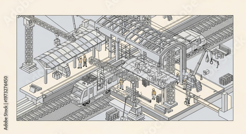 Isometric industrial construction site with cranes workers.