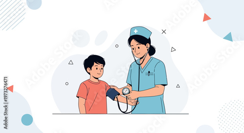 Nurse checking child's blood pressure, medical checkup, healthcare concept illustration
