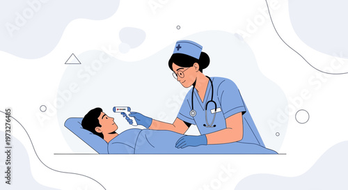 Nurse checks patient's temperature with thermometer, medical illustration