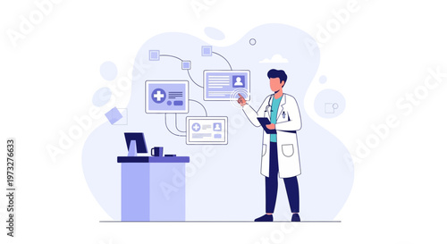 Doctor interacting with digital medical records on futuristic interface, healthcare technology concept