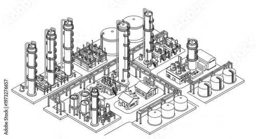 Isometric Industrial Factory Complex Lineart Drawing Illustration.
