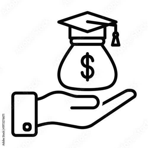 Education funding and financial aid with graduation cap and money bag icon vector with student loan with black and white with line art