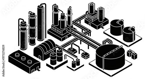 Isometric industrial factory complex with tanks and pipes.