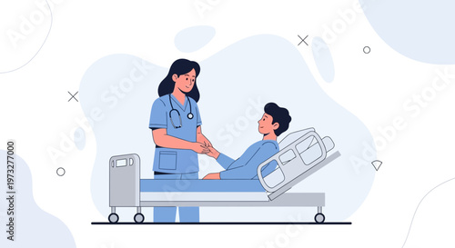 Nurse holding patient's hand in hospital bed, care and support concept illustration