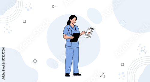 Female doctor in blue scrubs holding medical chart and stethoscope
