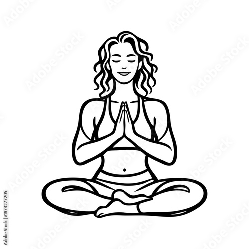 Logotipo con dibujo sencillo con líneas de una mujer meditando sentada con las piernas cruzadas y las manos juntas, en una posición de yoga	