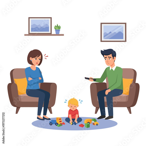 Unhappy Family Conflict: Parents Arguing While Child Cries Amidst Toys