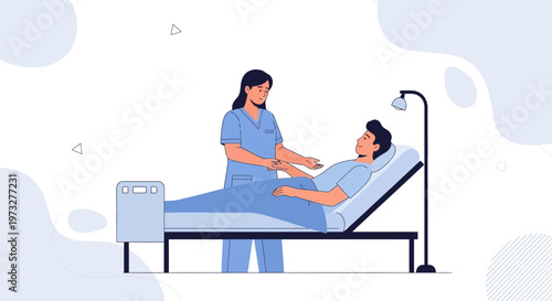 Nurse Caring for Patient in Hospital Bed, Medical Care Illustration