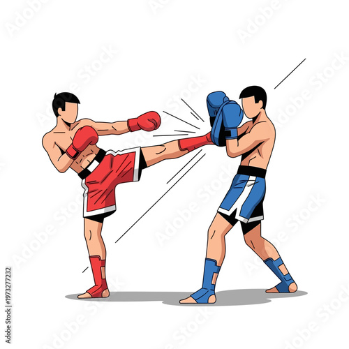 Two fighters, one kicking, one blocking, in a stylized combat illustration
