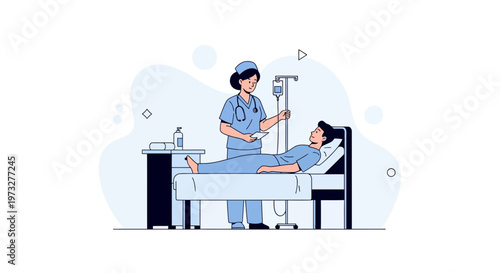 Nurse caring for patient in hospital bed with IV drip, medical illustration