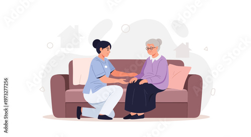 Nurse caring for elderly woman on sofa, home care, medical support, compassion