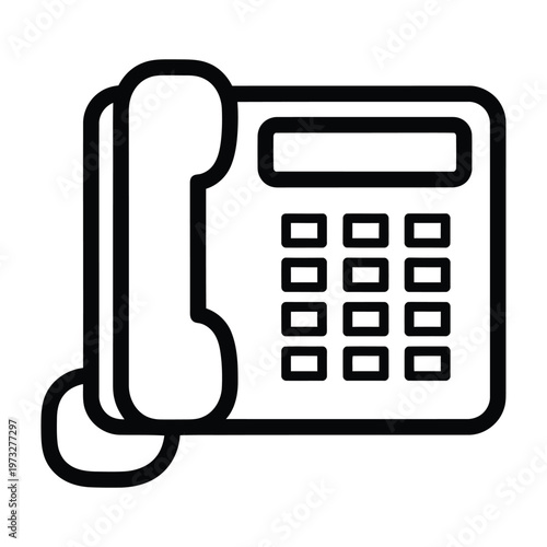 Black and white line art icon of a classic landline telephone with a handset and push buttons for communication with white background