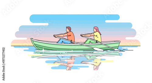 Two people rowing a green boat.
