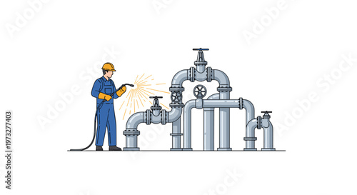 An industrial worker in a yellow hard hat welds a complex arrangement of grey pipes fitted with several large manual valves against a white backdrop area.