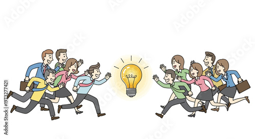 Business people rushing to light bulb idea.