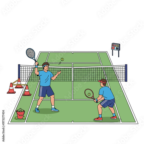 Two men playing tennis on a court, one serving, with scoreboard and cones