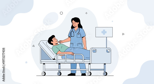 Nurse checking patient's temperature in hospital bed, medical care illustration