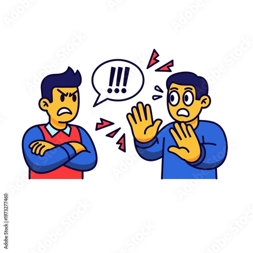 Angry man arguing with fearful man, conflict and disagreement illustration