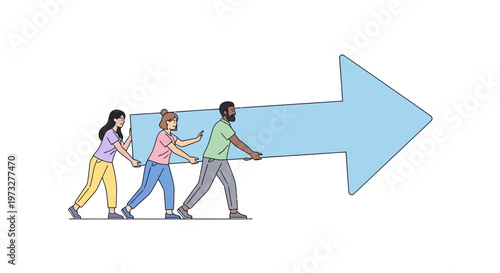 Three people pulling large blue arrow.