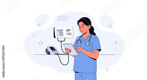 Nurse checking blood pressure on tablet with digital monitor, medical concept
