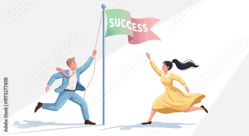Businessman and businesswoman running to success.