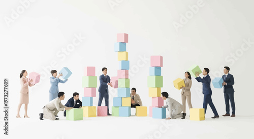Business people building block tower structure.