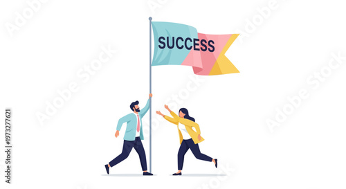 Two business people holding success flag.