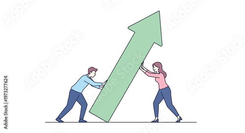 Two business people pushing growth arrow.