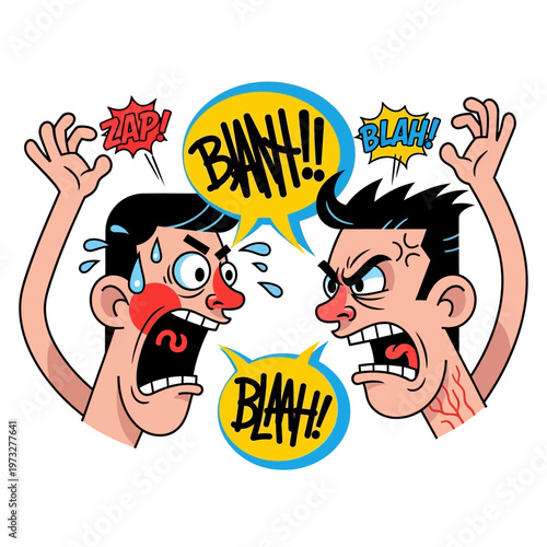 Angry men arguing, shouting and gesturing aggressively, conflict, disagreement, stress, communication breakdown