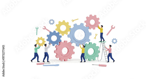 People working with colorful gear systems.