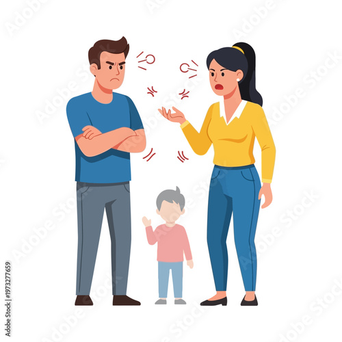 Angry parents arguing, child in between, family conflict, stressful situation