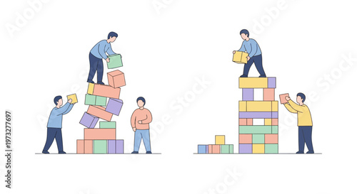 People working together building blocks.