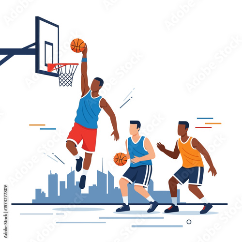 Basketball players dunking and dribbling with city skyline background