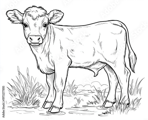 Young calf standing in a grassy area near water