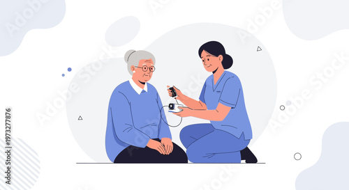 Nurse checks elderly woman's pulse oximeter, healthcare, medical check-up, senior care