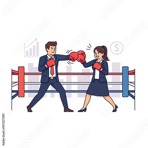 Business people boxing in ring, competition and rivalry concept, financial growth chart