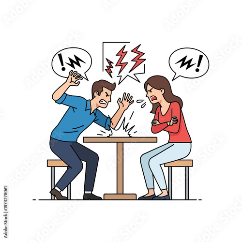 Couple Arguing Angry Over Table, Relationship Conflict, Communication Breakdown Illustration
