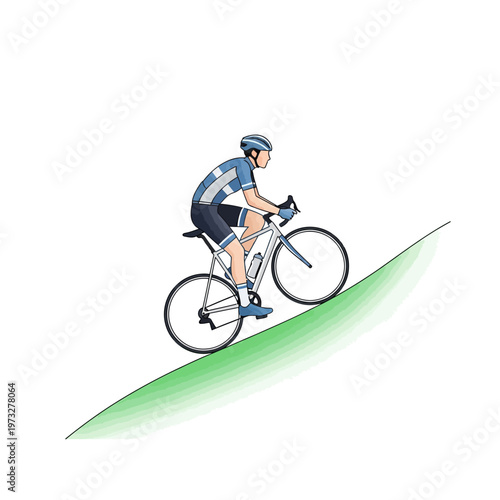 Cyclist riding uphill on a green slope, vector illustration, healthy lifestyle, sport