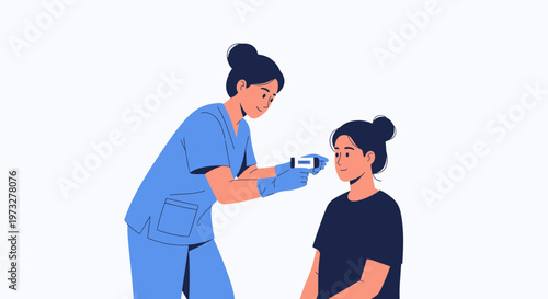 Nurse measures child's temperature with infrared thermometer, healthcare concept