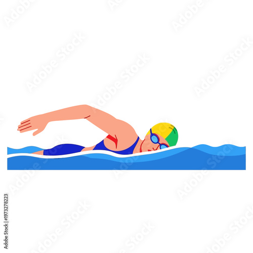 Female swimmer doing freestyle stroke in blue water, athletic woman swimming competitively
