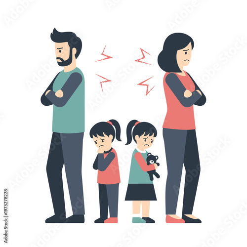 Family conflict illustration: parents arguing, children sad, divorce concept