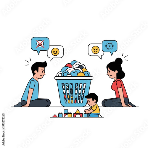 Family conflict over laundry, stressed parents and playing child, domestic dispute illustration