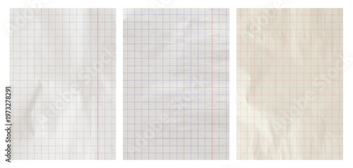 Textured wrinkled sheets of crumpled grid paper. White isolated checkered sheets of paper in cage. Paper background. Notebook sheet blank mockup. VECTOR Templates