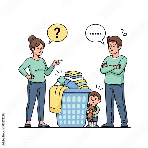 Family conflict over laundry chores, worried child holds teddy bear