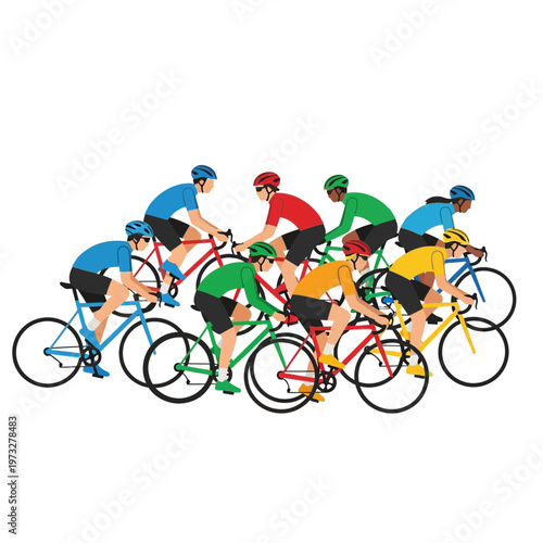 Group of cyclists racing on bicycles, colorful sportswear, competitive sport action
