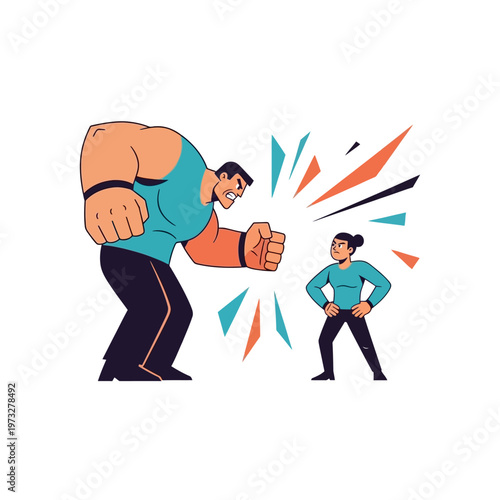 Giant man confronts small woman, conflict, intimidation, abstract shapes, cartoon style