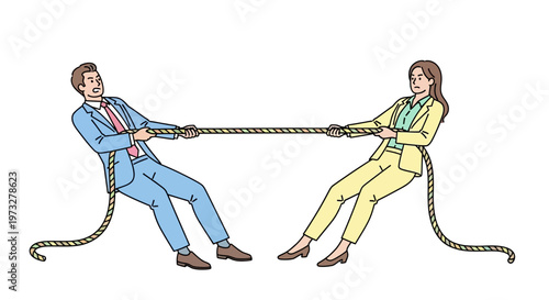 Businessman and businesswoman pulling rope.