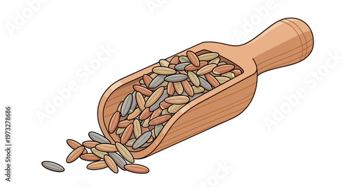 Wooden scoop with mixed grains spilling.