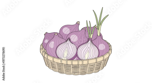Fresh purple onions in basket.