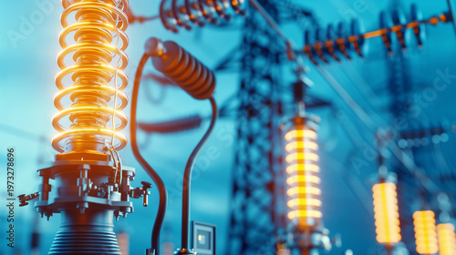 Close-up view of glowing orange insulators at a modern electrical substation